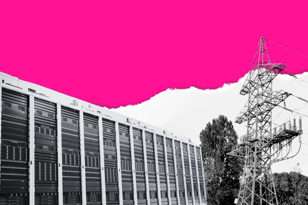 Collage image of data center computers and electrical grid